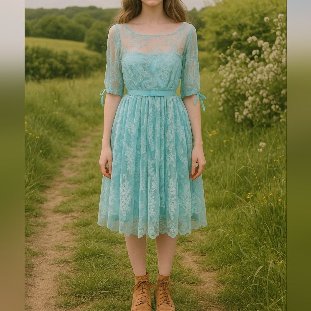 Quillaree Anthropologie lace aqua short sleeve dress Size 14